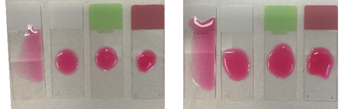      Wettability on TOMO, Millennia Command (hydrophilic), M1000, and  TOMO (hydrophilic, and M1000 (hydrophobic)ColorView Adhesion slides                                      after 5 drops of reagent and 10 drops of reagent.